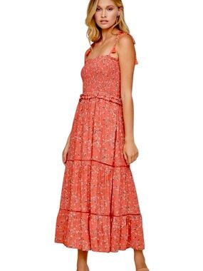 Lost + Wander Everyday Adventures Coral Floral Tie-Shoulder Tiered Maxi Dress M